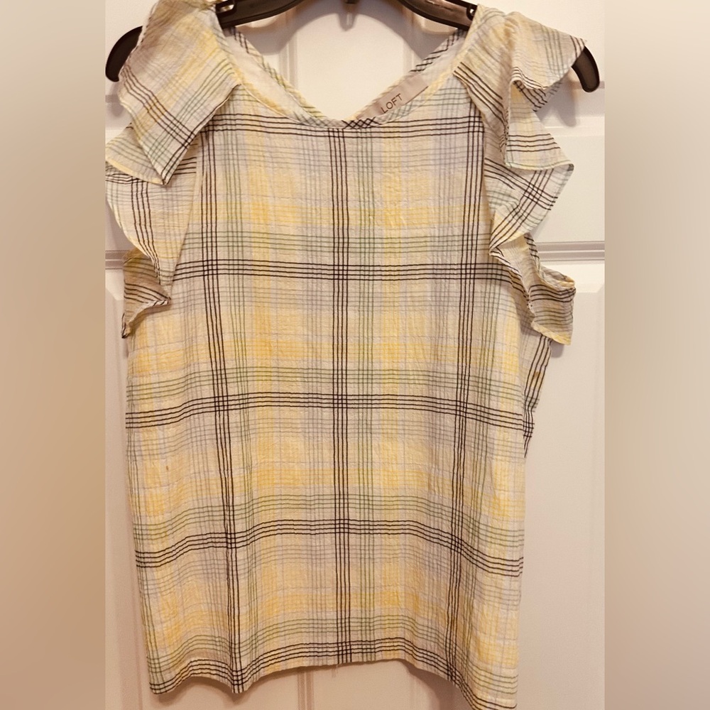 LOFT Yellow Plaid Ruffle Blouse
